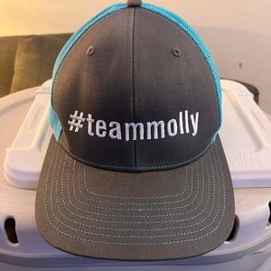 Turquoise and gray mesh trucker hat, adjustable size, #TeamMolly